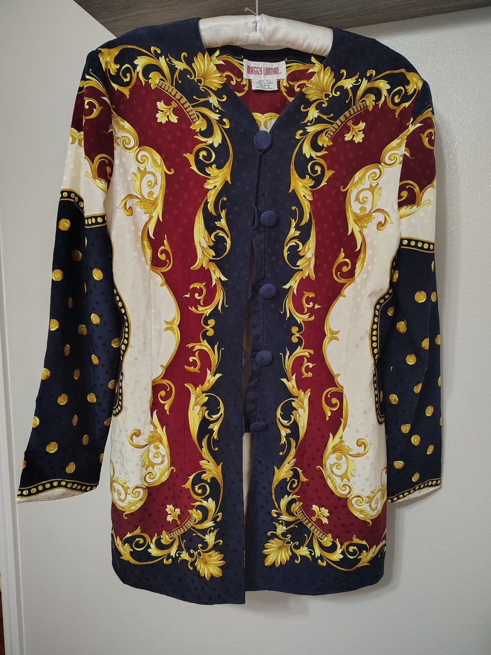 Maggy London Baroque-Print Button Front Blazer 100% Silk